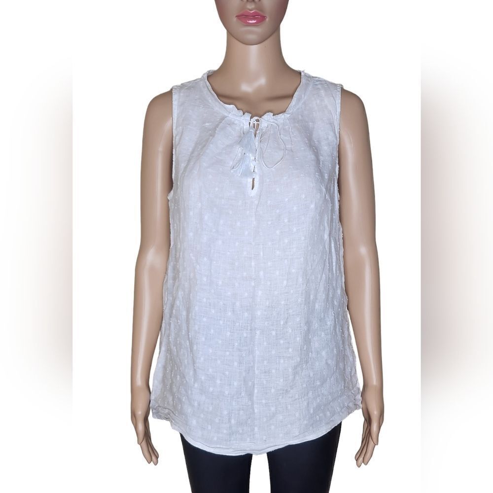 J. Mclaughlin women's white cotton linen Swiss Dot tie neck blouse Size Medium